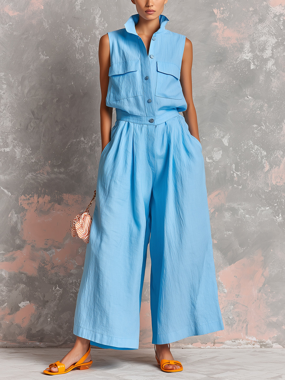 ElevenOra Chic Elegant Blue Cotton-Linen Blend Lapel Collar Button-Front Sleeveless Multi-Pocket Loose-Fit Wide-Leg Jumpsuit