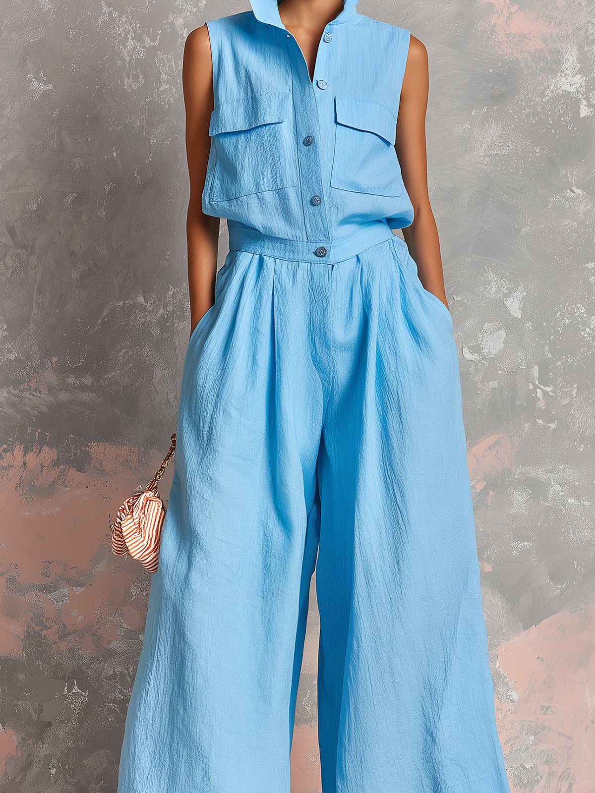 ElevenOra Chic Elegant Blue Cotton-Linen Blend Lapel Collar Button-Front Sleeveless Multi-Pocket Loose-Fit Wide-Leg Jumpsuit