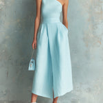ElevenOra Chic Elegant Blue Cotton-Linen Blend One-Shoulder Sleeveless Tailored-Waist Slit Hem Midi Dress