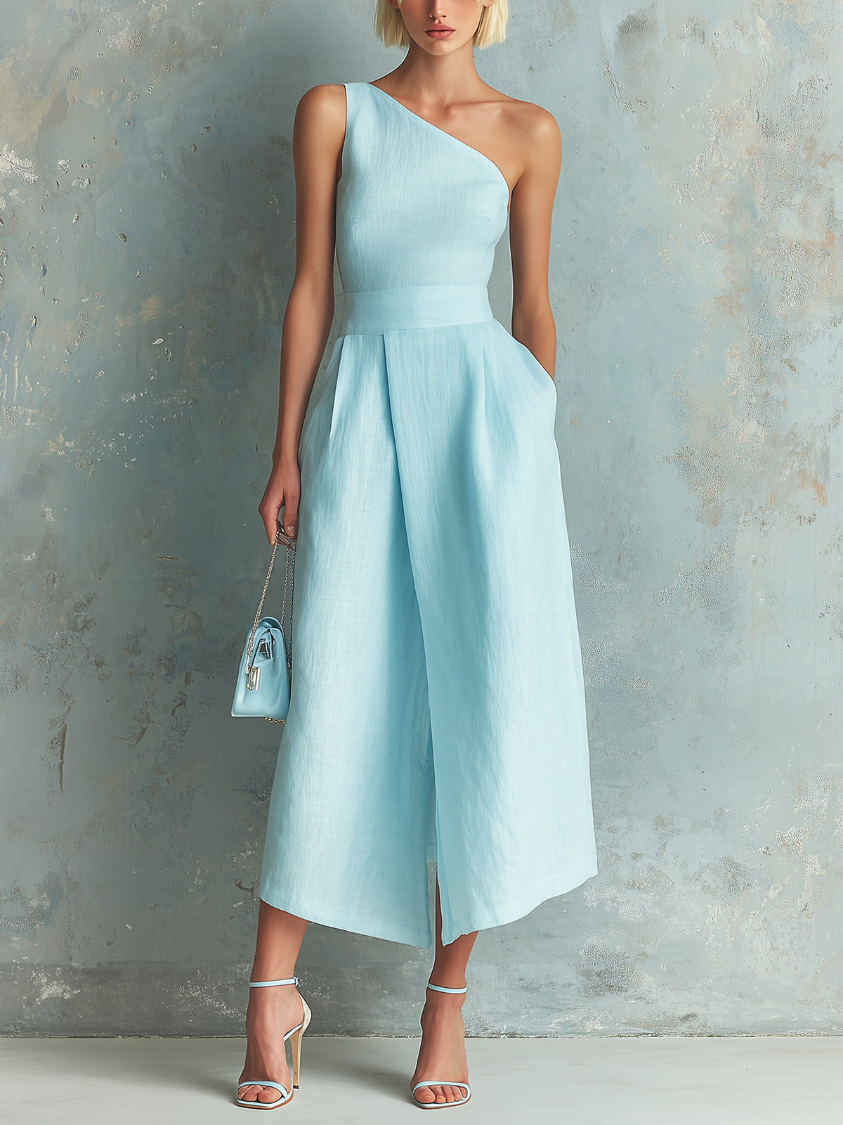 ElevenOra Chic Elegant Blue Cotton-Linen Blend One-Shoulder Sleeveless Tailored-Waist Slit Hem Midi Dress