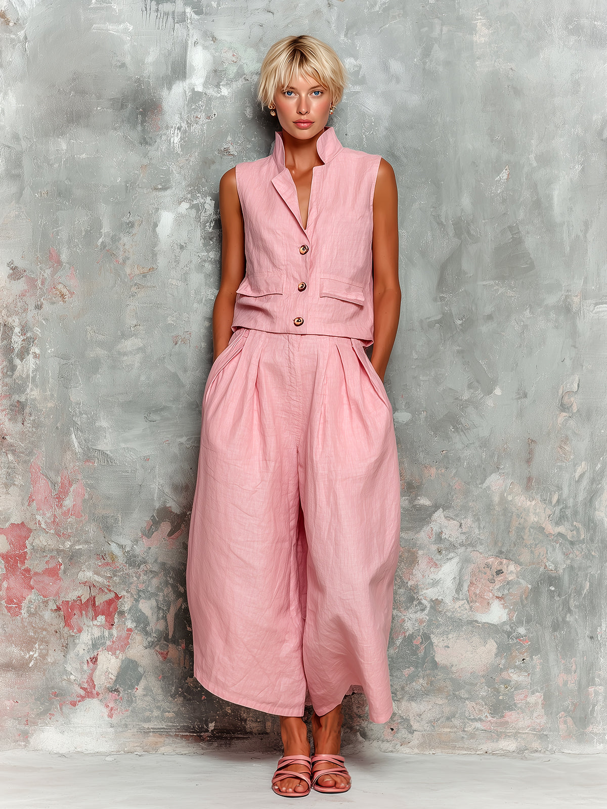 ElevenOra Chic Elegant Pink Cotton-Linen Blend Notched Collar Sleeveless Single-Breasted Pocket Detail Vest Oversize Wide-Leg Pants Two-Piece Set