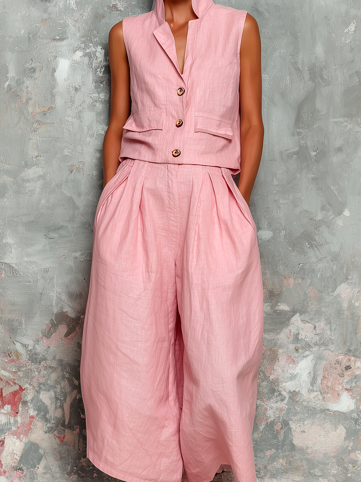 ElevenOra Chic Elegant Pink Cotton-Linen Blend Notched Collar Sleeveless Single-Breasted Pocket Detail Vest Oversize Wide-Leg Pants Two-Piece Set