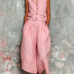 ElevenOra Chic Elegant Pink Cotton-Linen Blend Notched Collar Sleeveless Single-Breasted Pocket Detail Vest Oversize Wide-Leg Pants Two-Piece Set