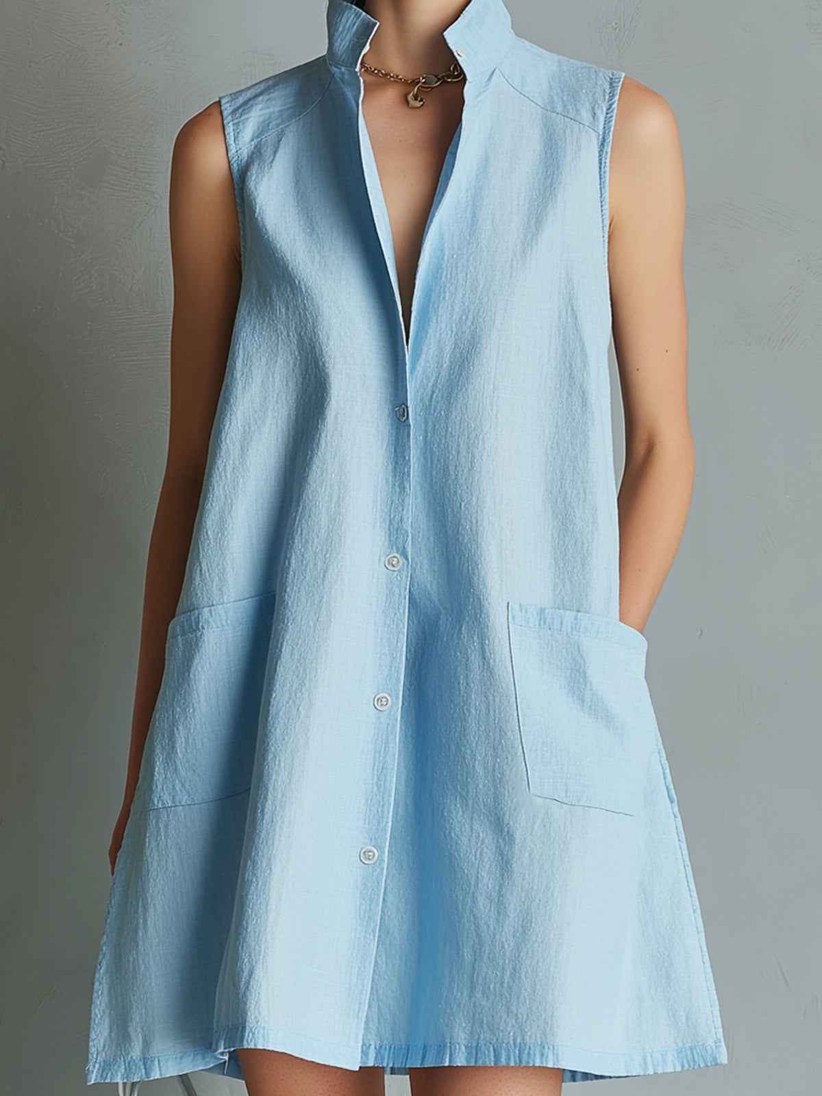 ElevenOra Chic Elegant Blue Cotton-Linen Blend Stand Collar Sleeveless Single-Breasted Patch Pockets A-Line Mini Dress