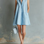 ElevenOra Chic Elegant Blue Cotton-Linen Blend Stand Collar Sleeveless Single-Breasted Patch Pockets A-Line Mini Dress