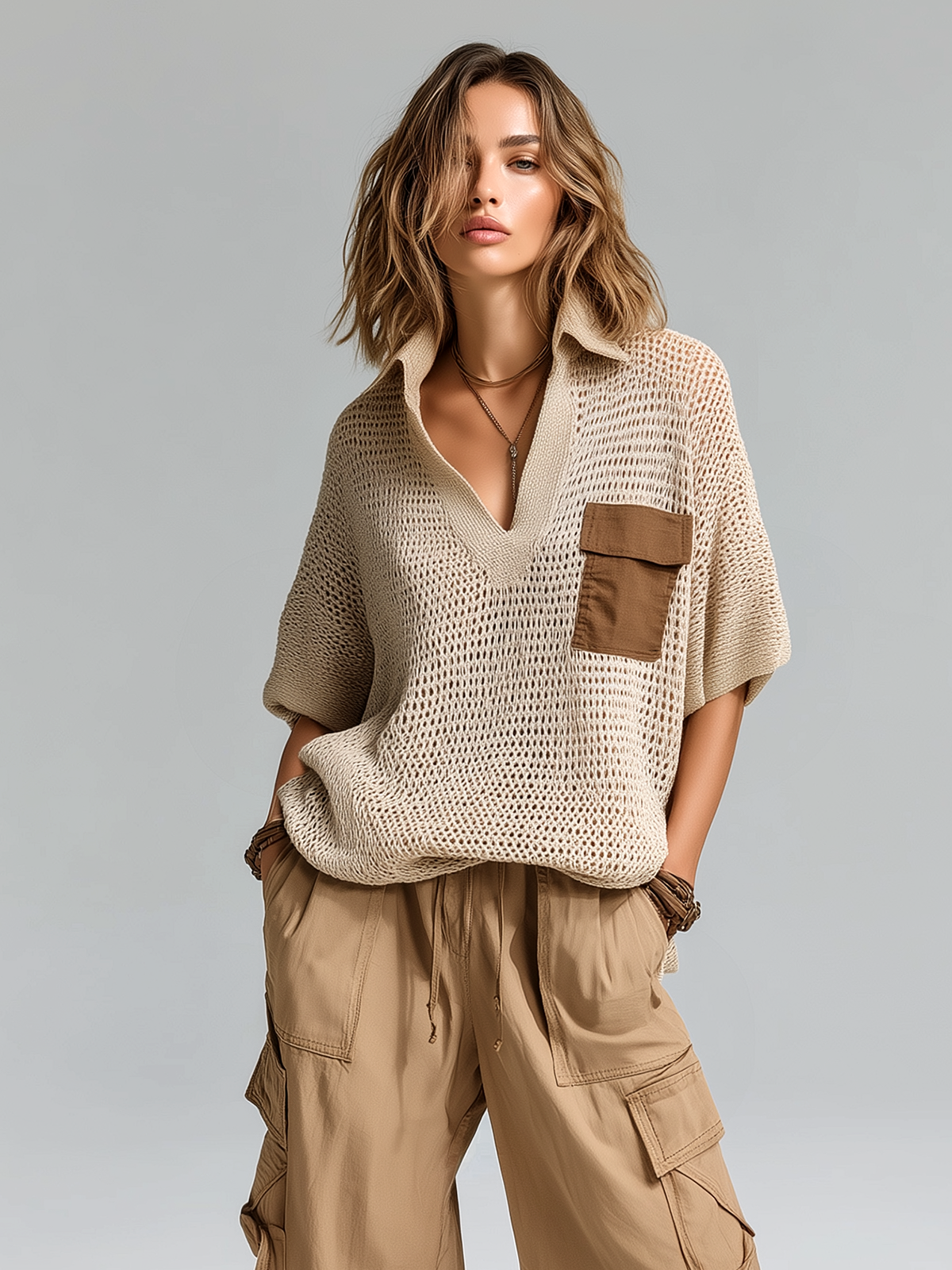 ElevenOra Chic Casual Beige Colorblock Lapel-Collar V-Neck Short-Sleeve Patch Pocket Loose-Fit Knit Sweater Top
