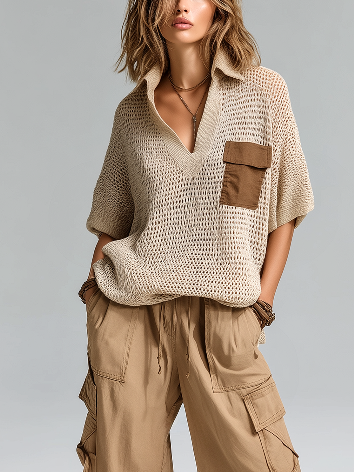 ElevenOra Chic Casual Beige Colorblock Lapel-Collar V-Neck Short-Sleeve Patch Pocket Loose-Fit Knit Sweater Top