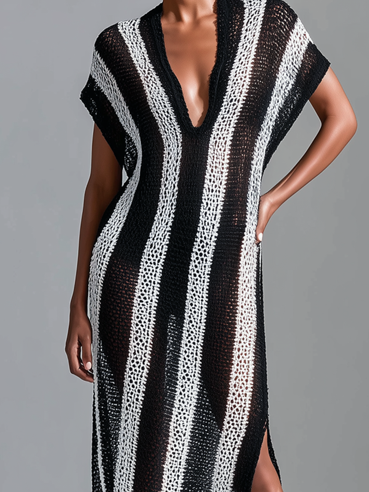 ElevenOra Chic Casual White -Black Stripes V-Neck Cap Sleeve Loose-Fit Side Slit Mesh Holiday Knit Maxi Dress