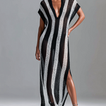 ElevenOra Chic Casual White -Black Stripes V-Neck Cap Sleeve Loose-Fit Side Slit Mesh Holiday Knit Maxi Dress