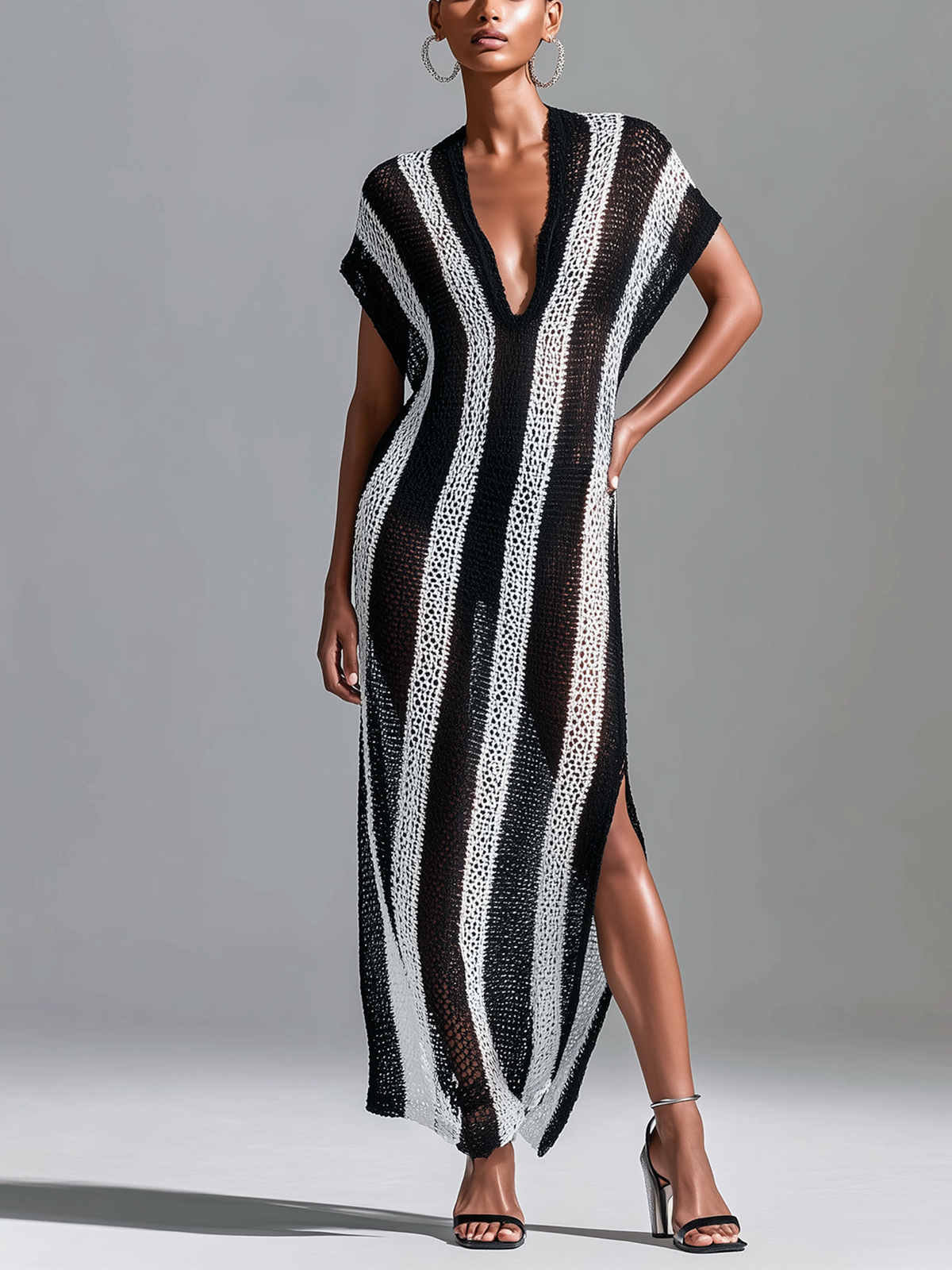 ElevenOra Chic Casual White -Black Stripes V-Neck Cap Sleeve Loose-Fit Side Slit Mesh Holiday Knit Maxi Dress