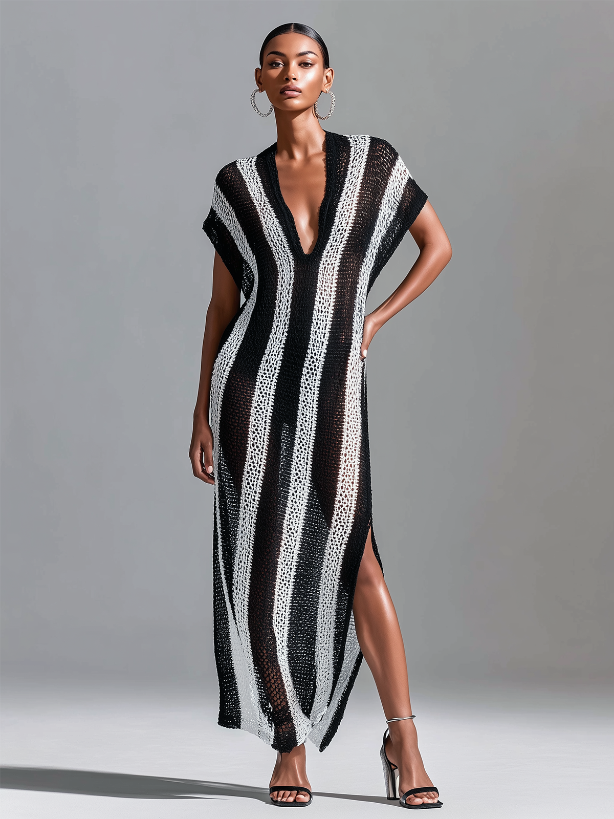ElevenOra Chic Casual White -Black Stripes V-Neck Cap Sleeve Loose-Fit Side Slit Mesh Holiday Knit Maxi Dress