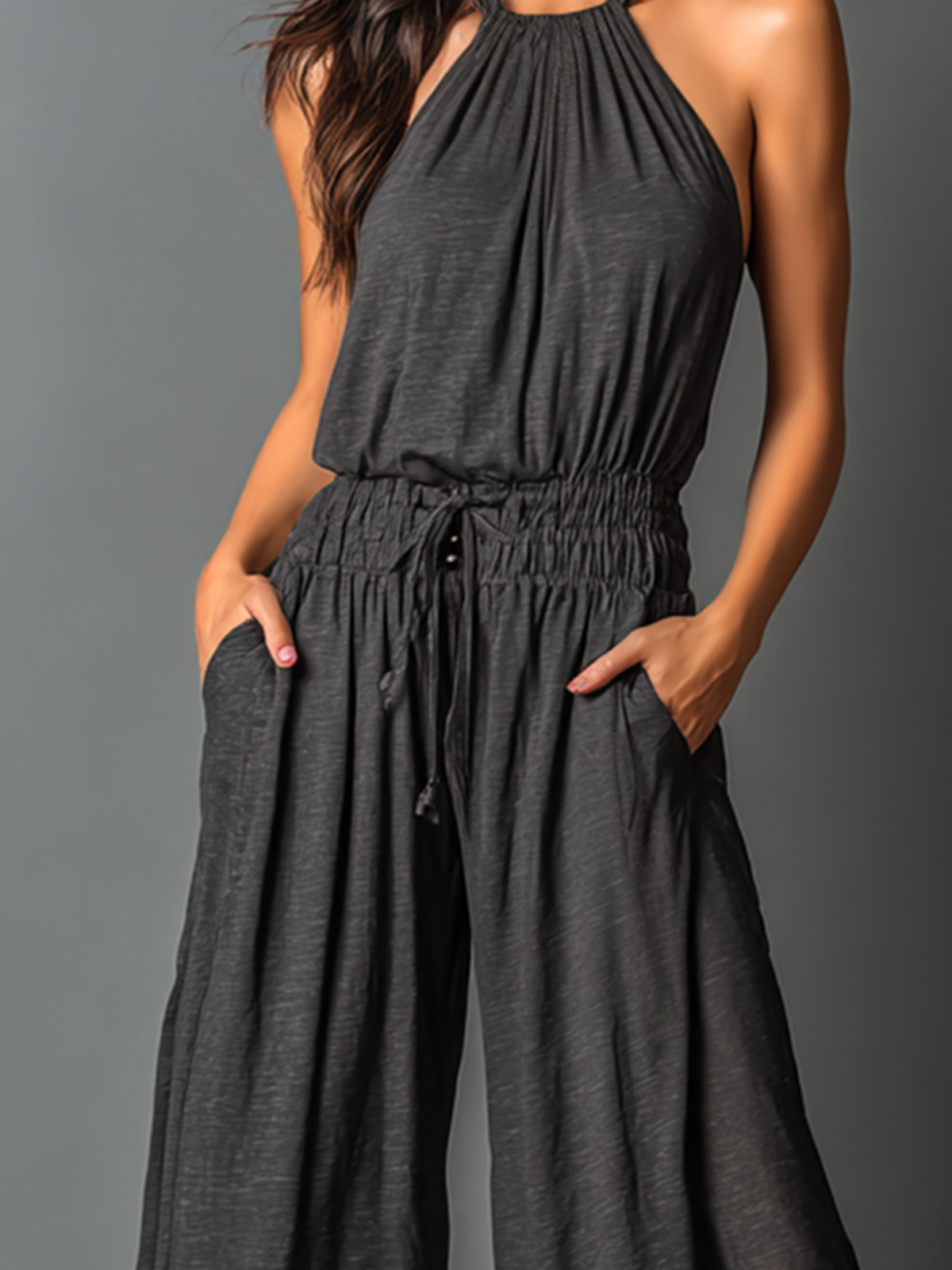 ElevenOra Chic Elegant Charcoal Black Halter Neck Sleeveless Smocked Tailored-Waist Wide-Leg Stretchy Cotton Jumpsuit