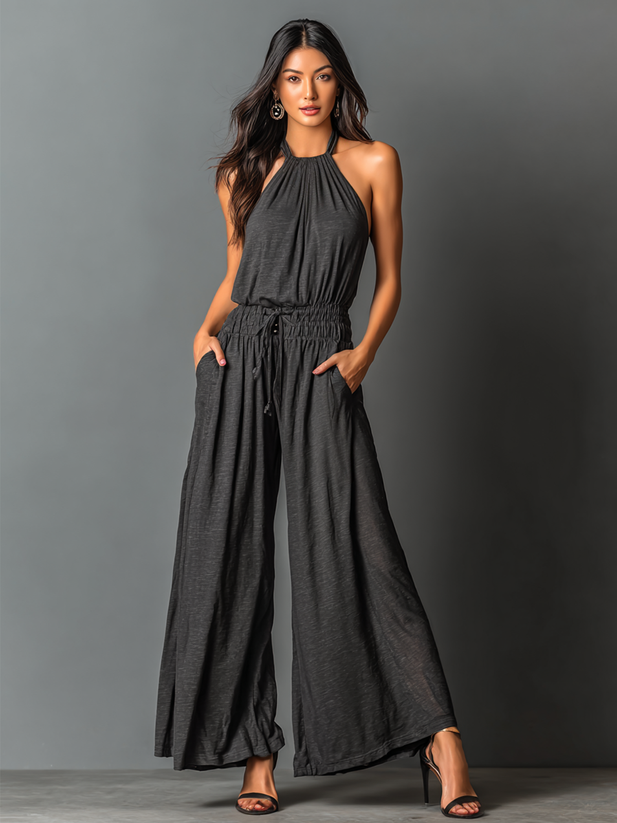 ElevenOra Chic Elegant Charcoal Black Halter Neck Sleeveless Smocked Tailored-Waist Wide-Leg Stretchy Cotton Jumpsuit