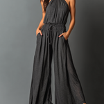 ElevenOra Chic Elegant Charcoal Black Halter Neck Sleeveless Smocked Tailored-Waist Wide-Leg Stretchy Cotton Jumpsuit