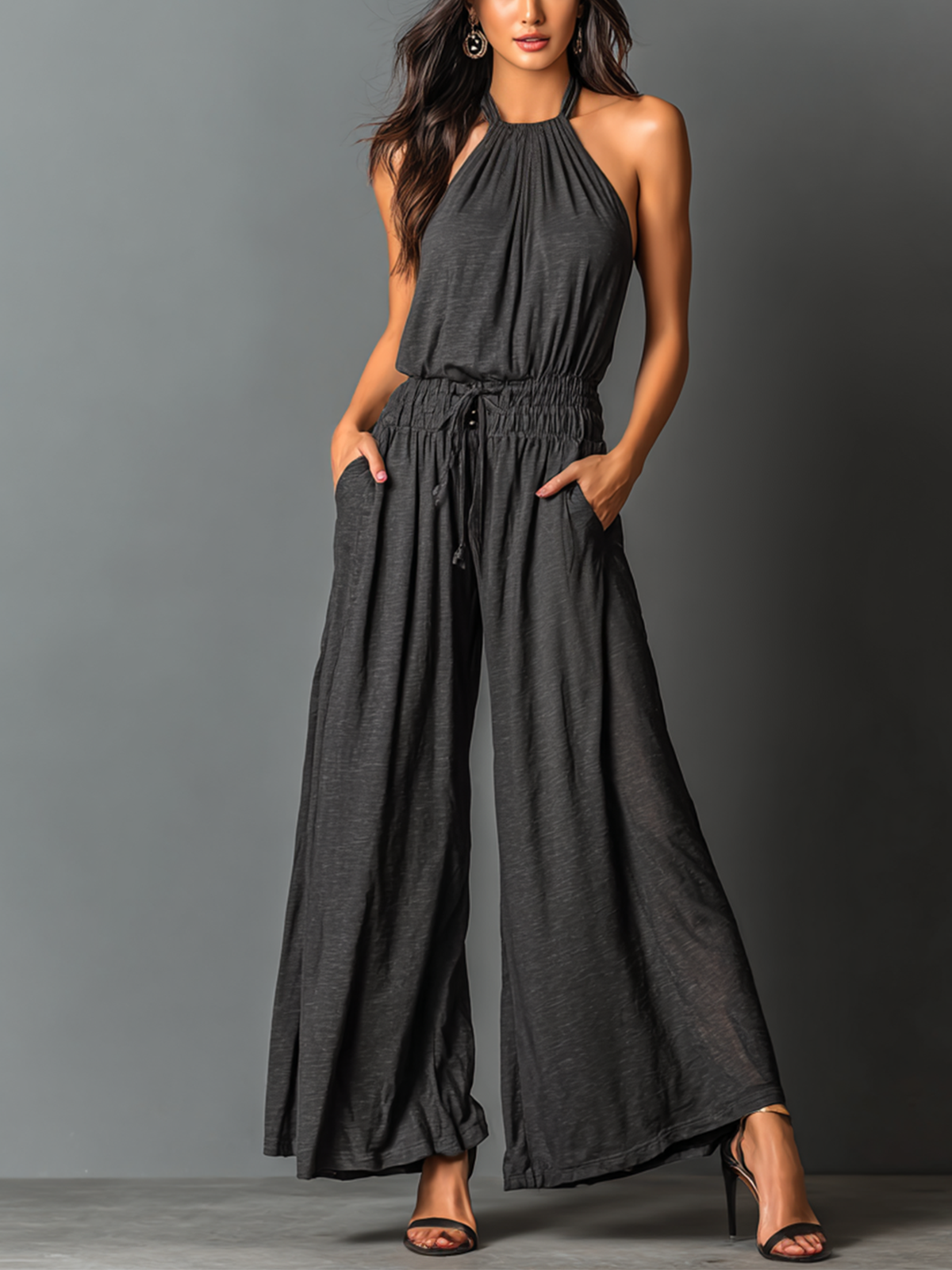 ElevenOra Chic Elegant Charcoal Black Halter Neck Sleeveless Smocked Tailored-Waist Wide-Leg Stretchy Cotton Jumpsuit