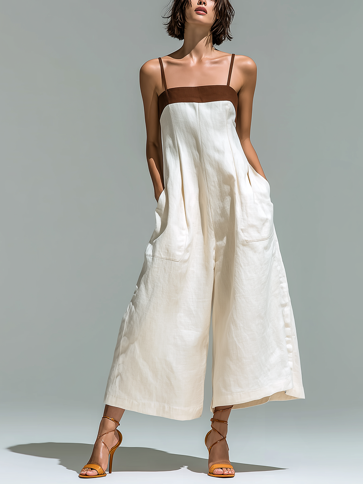 ElevenOra Chic Casual White-Brown Colorblock Spaghetti Straps  Sleeveless Cropped Wide Leg Cotton-Linen Blend Jumpsuit