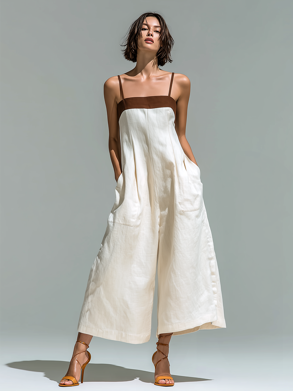ElevenOra Chic Casual White-Brown Colorblock Spaghetti Straps  Sleeveless Cropped Wide Leg Cotton-Linen Blend Jumpsuit
