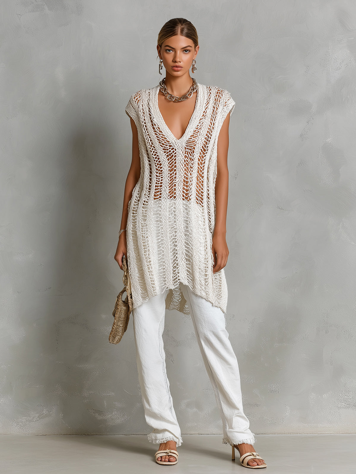 ElevenOra Chic Elegant Cream White Deep V-Neck Sleeveless Hollow-Out Asymmetrical Hem Loose-Fit Knit Vest Top