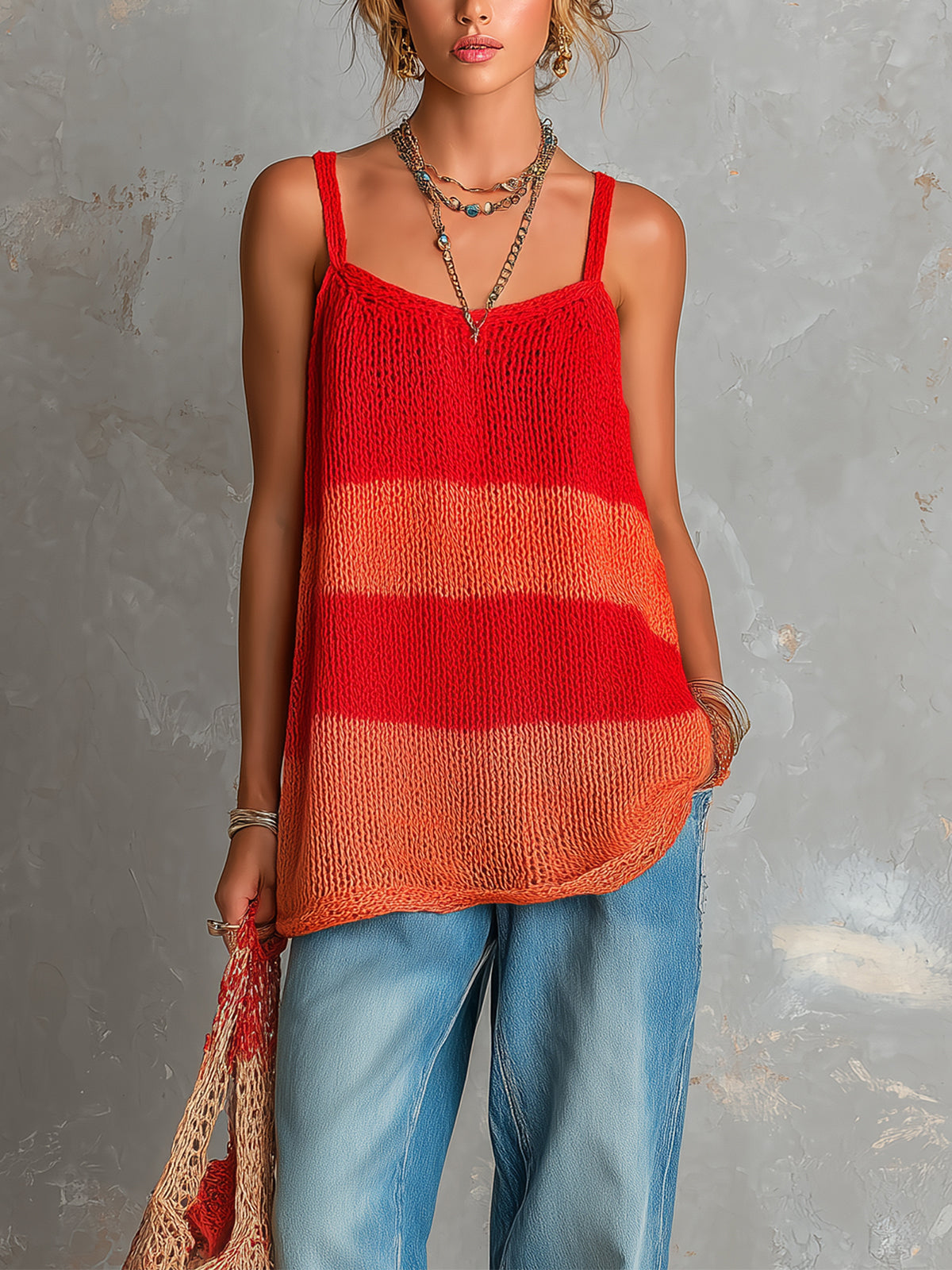 ElevenOra Chic Elegant Red-Orange Colorblock Spaghetti-Strap Square-Neck Sleeveless Loose-Fit Knit Tank Top