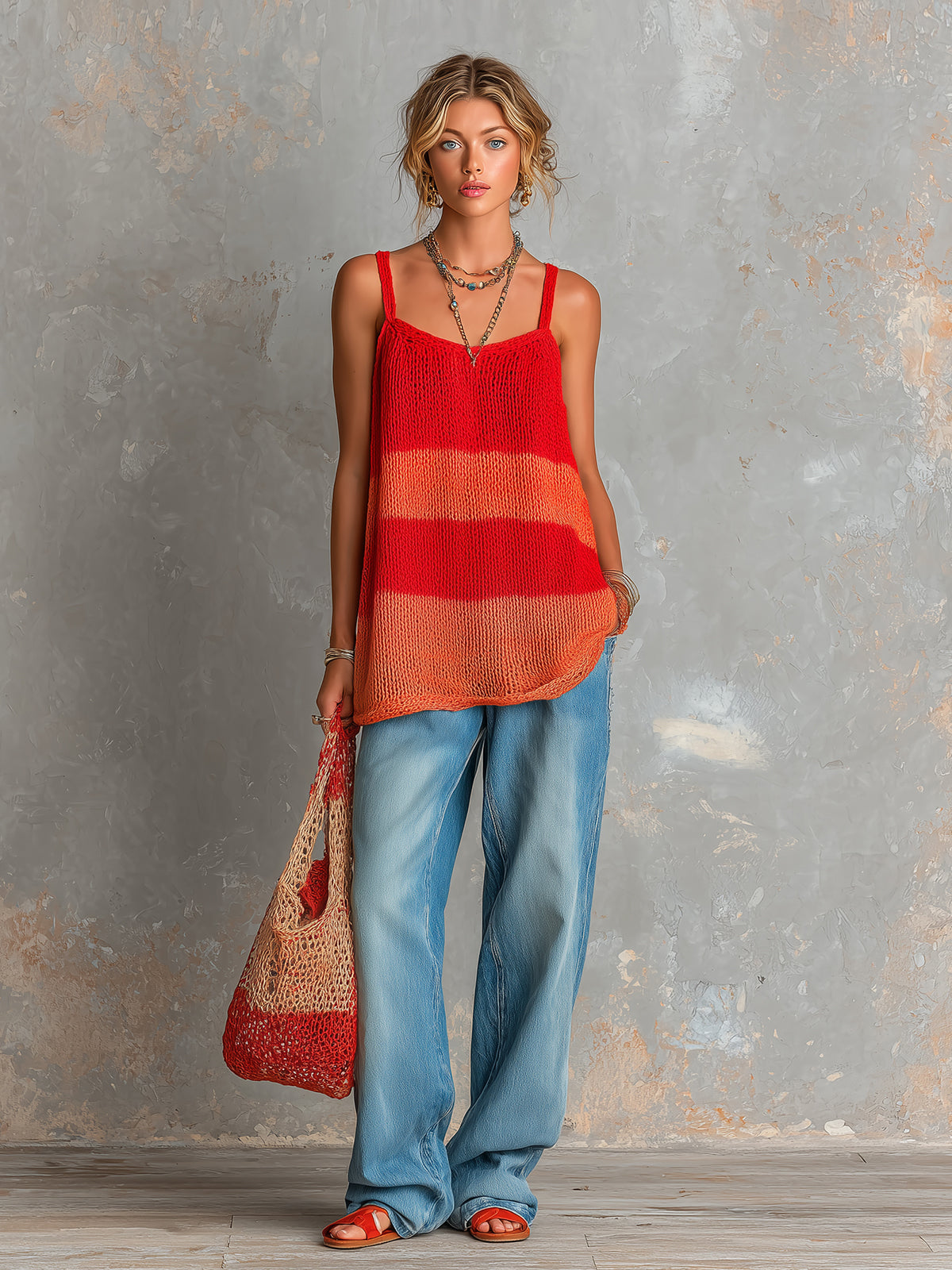 ElevenOra Chic Elegant Red-Orange Colorblock Spaghetti-Strap Square-Neck Sleeveless Loose-Fit Knit Tank Top
