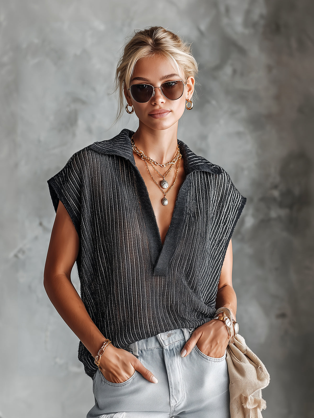 ElevenOra Chic Casual Black Stripes Lapel V-Neck Sleeveless Oversize Knit Vest Top