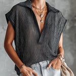 ElevenOra Chic Casual Black Stripes Lapel V-Neck Sleeveless Oversize Knit Vest Top