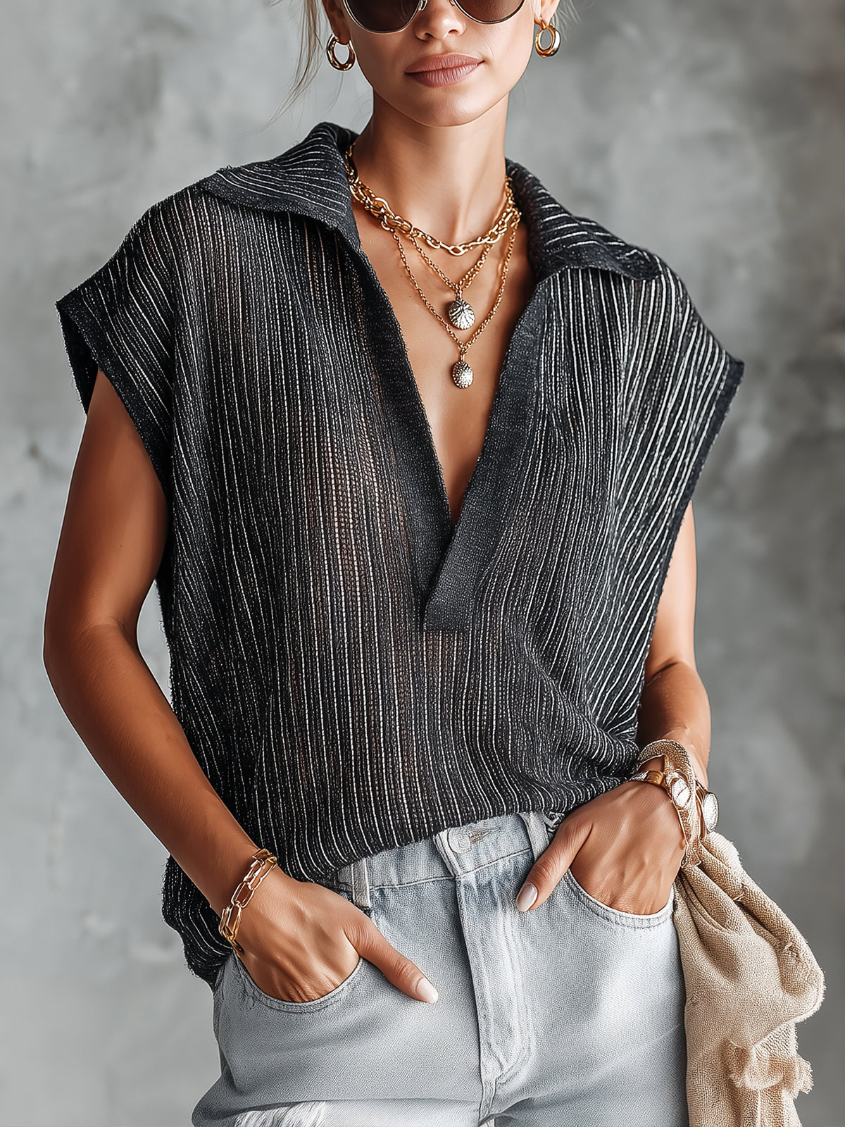 ElevenOra Chic Casual Black Stripes Lapel V-Neck Sleeveless Oversize Knit Vest Top