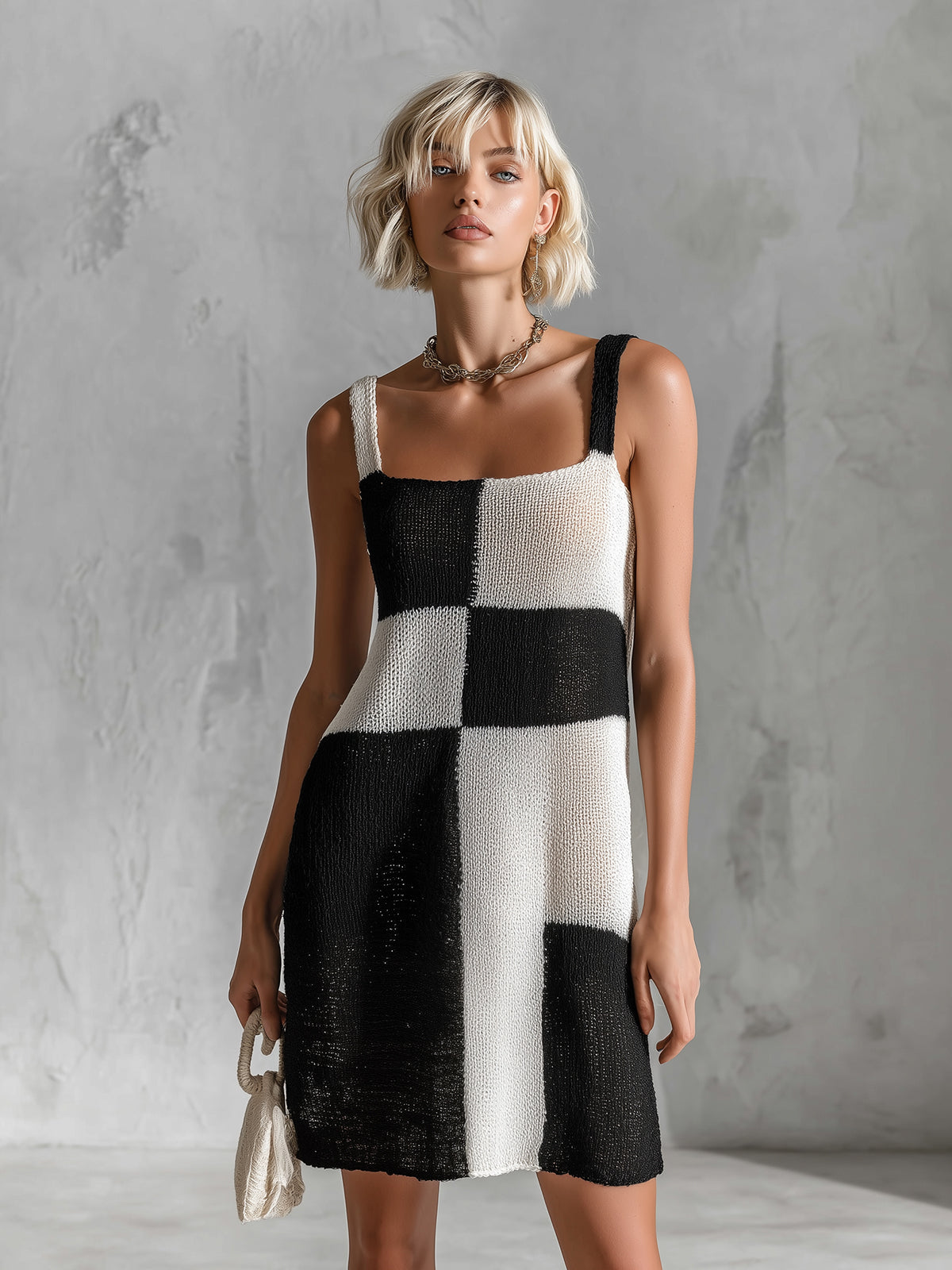 ElevenOra Chic Casual Black-White Colorblock Thin Straps Square-Neck Sleeveless Loose-Fit A-Line Knit Mini Dress