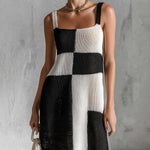 ElevenOra Chic Casual Black-White Colorblock Thin Straps Square-Neck Sleeveless Loose-Fit A-Line Knit Mini Dress