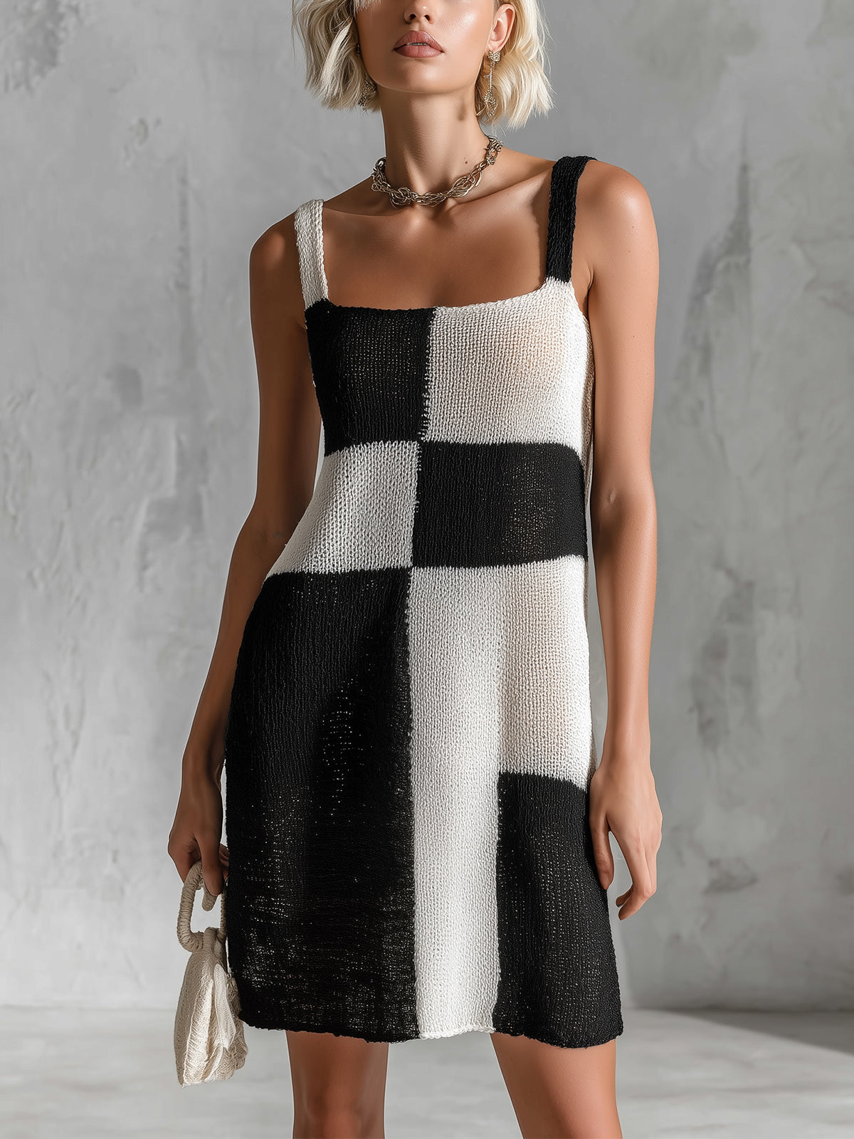 ElevenOra Chic Casual Black-White Colorblock Thin Straps Square-Neck Sleeveless Loose-Fit A-Line Knit Mini Dress