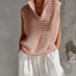 ElevenOra Chic Casual Pink Stand-Collar V-Neck Sleeveless Loose-Fit Hollow-Out Knit Vest Top