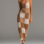 ElevenOra Chic Elegant White-Camel Checkerboard Jacquard Spaghetti-Strap Sleeveless Slim-Fit Knit Maxi Dress