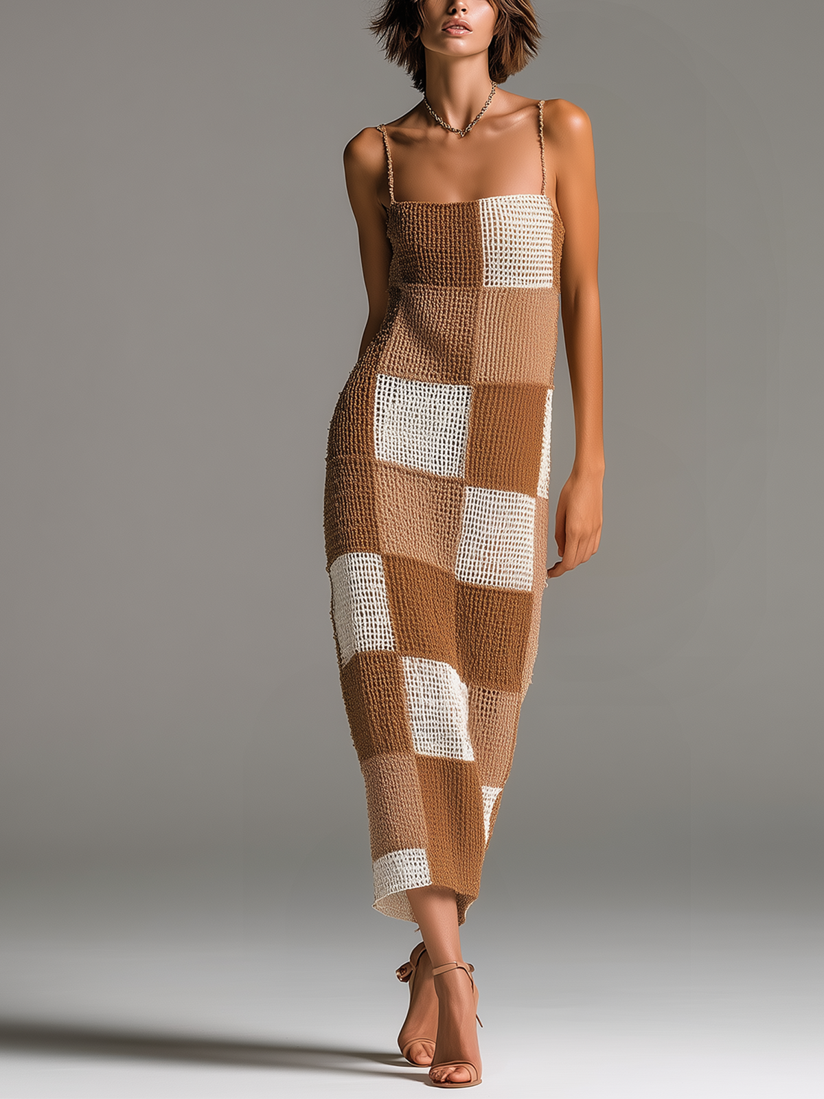 ElevenOra Chic Elegant White-Camel Checkerboard Jacquard Spaghetti-Strap Sleeveless Slim-Fit Knit Maxi Dress