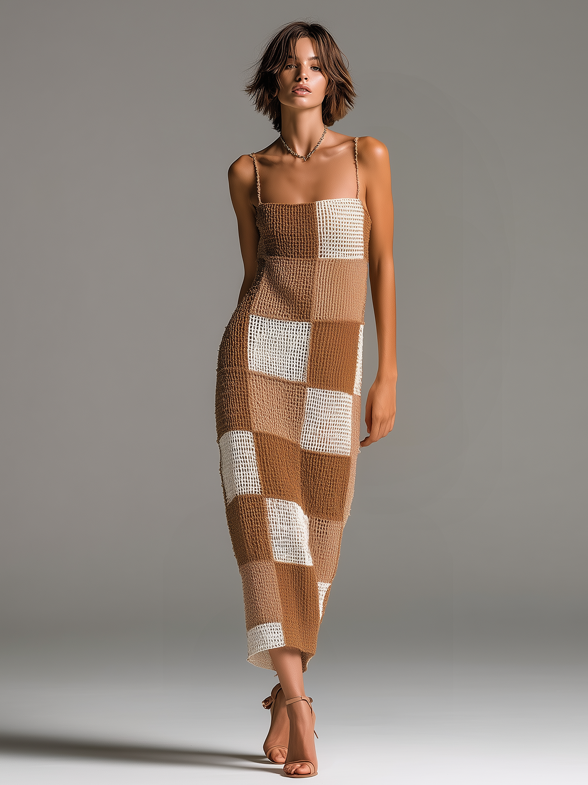 ElevenOra Chic Elegant White-Camel Checkerboard Jacquard Spaghetti-Strap Sleeveless Slim-Fit Knit Maxi Dress