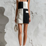 ElevenOra Chic Casual Black-White Colorblock Thin Straps Square-Neck Sleeveless Pocket Detail A-Line Knit Mini Dress