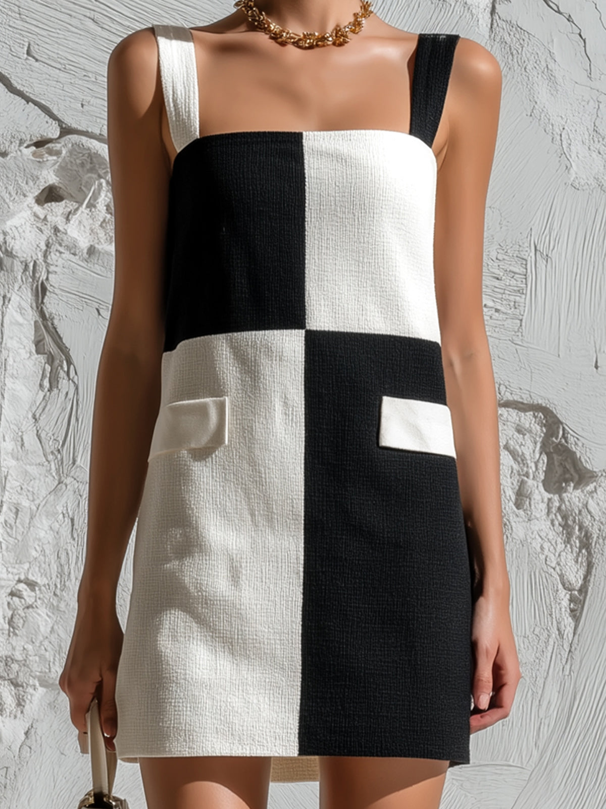 ElevenOra Chic Casual Black-White Colorblock Thin Straps Square-Neck Sleeveless Pocket Detail A-Line Knit Mini Dress