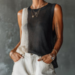ElevenOra Chic Casual Black-White Colorblock Round-Neck Sleeveless Loose-Fit Mesh-Knit Vest Top
