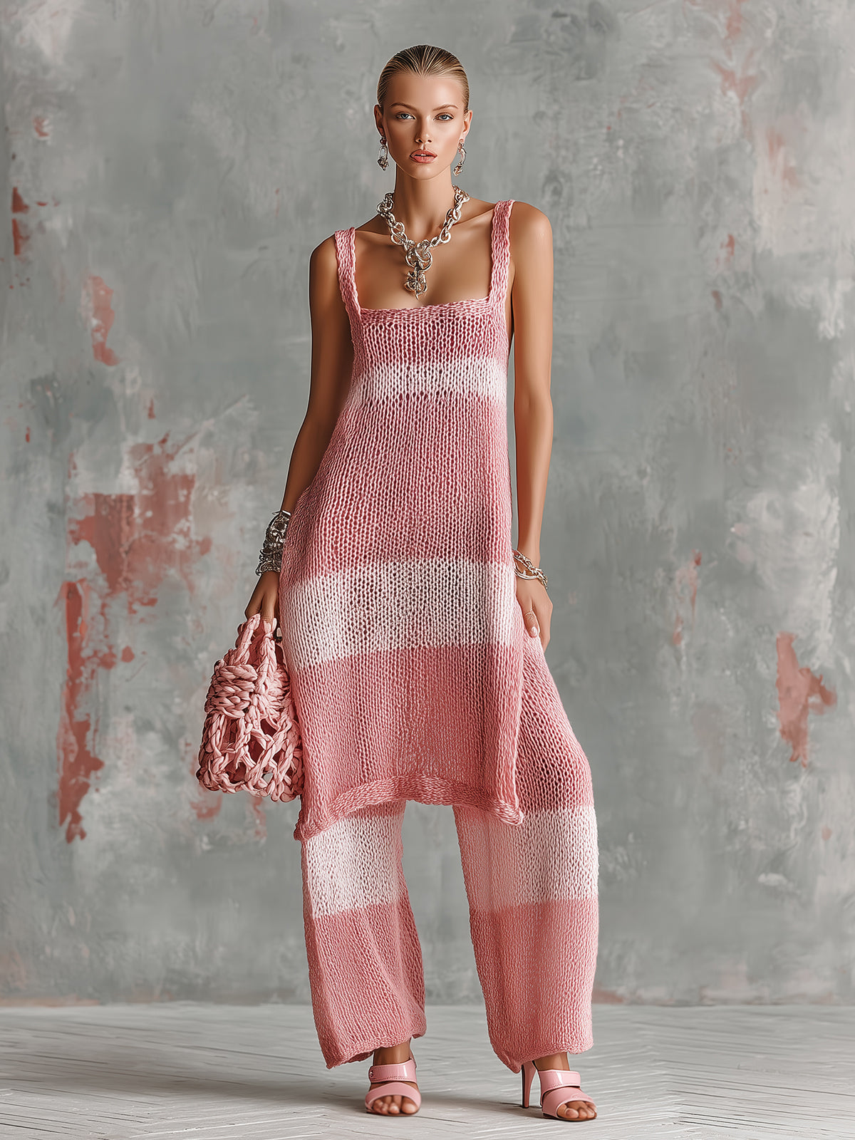 ElevenOra Chic Elegant Pink-Light Pink Colorblock Square-Neck Side-Slit Slim-Fit Long Vest Loose-Fit Straight Pants Knit Two-Piece Set