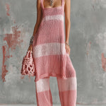 ElevenOra Chic Elegant Pink-Light Pink Colorblock Square-Neck Side-Slit Slim-Fit Long Vest Loose-Fit Straight Pants Knit Two-Piece Set