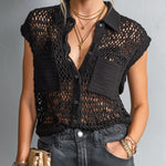 ElevenOra Chic Casual Black Lapel Collar Single-Breasted Patch Pockets Loose-Fit Mesh Knit Vest Top