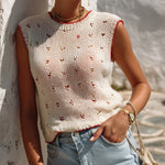 ElevenOra Chic Casual Cream White Round-Neck Red Trim Detail Hollow-Out Fitted Knit Vest Top