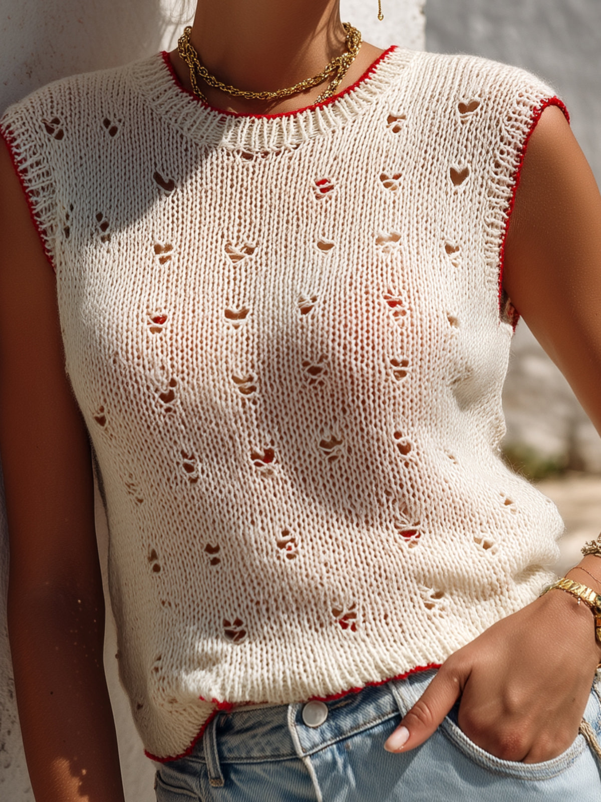 ElevenOra Chic Casual Cream White Round-Neck Red Trim Detail Hollow-Out Fitted Knit Vest Top