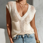 ElevenOra Chic Elegant Cream White Deep V-Neck Sleeveless Patch Pockets Loose-Fit Mesh Knit Vest Top
