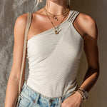 ElevenOra Chic Elegant Beige One-Shoulder Sleeveless Patchwork Detail Slim-Fit Ribbed Knit Tank Top