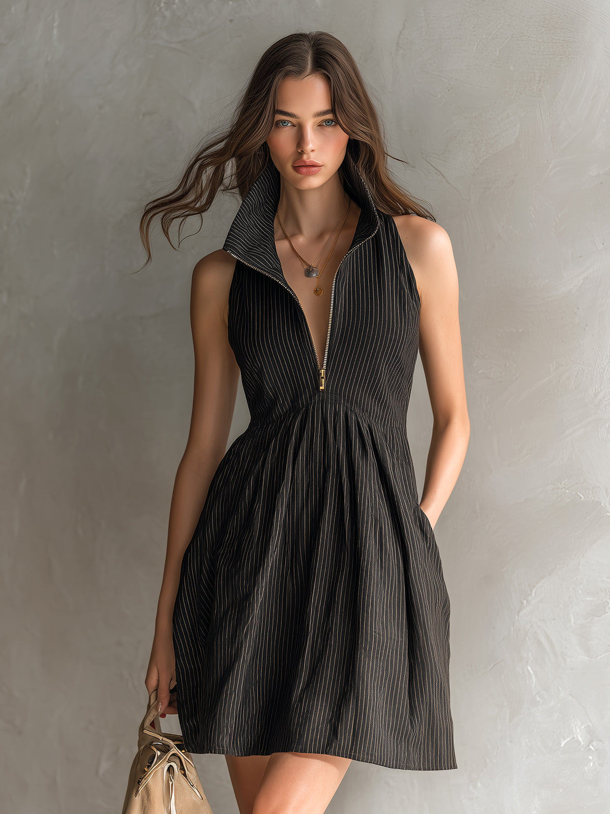 ElevenOra Chic Casual Black Stripes Linen Blend Zipper-Up Lapel Sleeveless Tailored-Waist A-Line Mini Dress