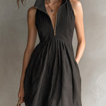 ElevenOra Chic Casual Black Stripes Linen Blend Zipper-Up Lapel Sleeveless Tailored-Waist A-Line Mini Dress