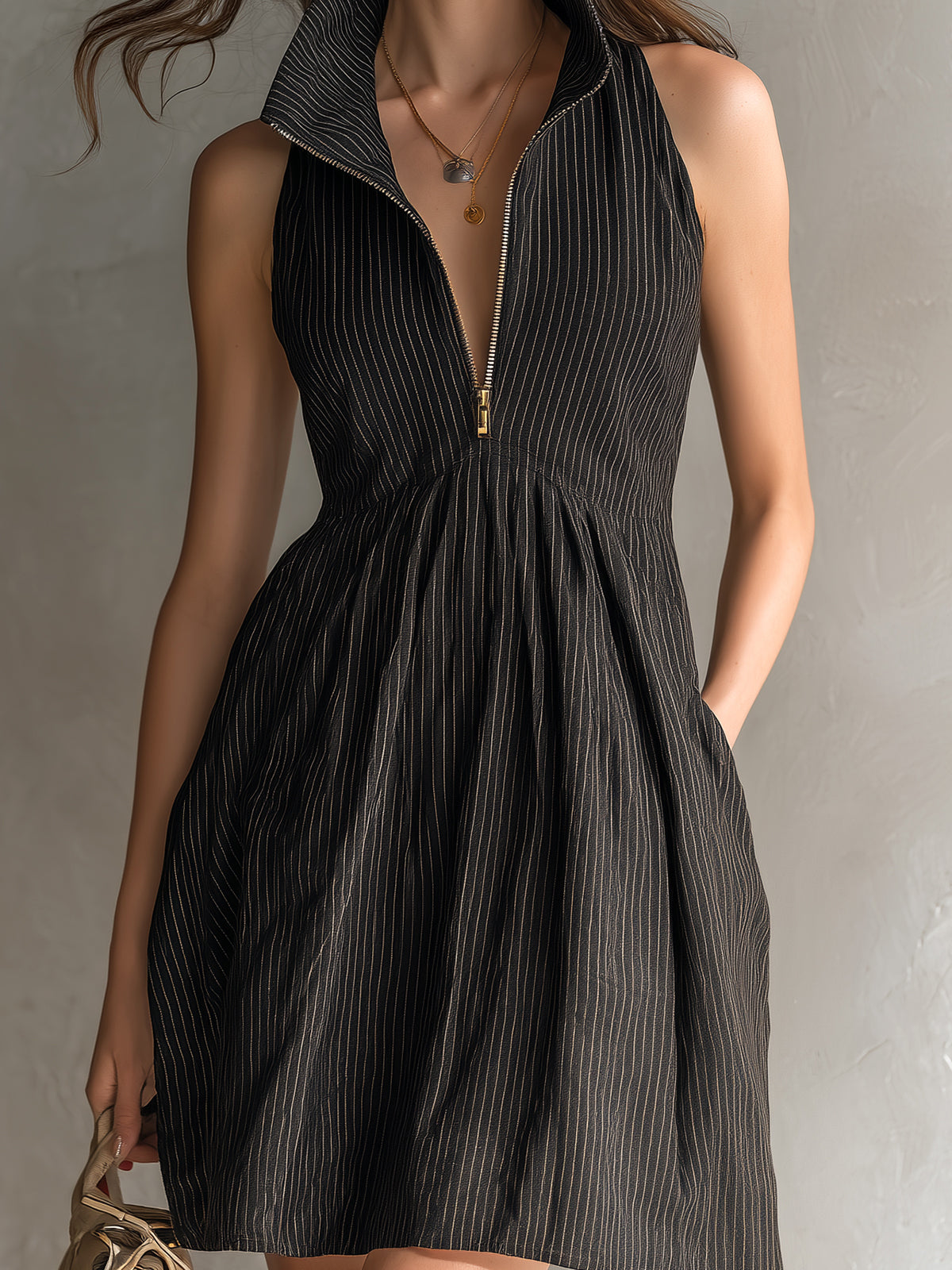 ElevenOra Chic Casual Black Stripes Linen Blend Zipper-Up Lapel Sleeveless Tailored-Waist A-Line Mini Dress