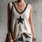 ElevenOra Chic Casual White-Black Colorblock V-Neck Sleeveless Star Jacquard Loose-Fit Knit Vest Top