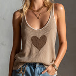 ElevenOra Chic Casual Camel U-Neck Sleeveless Heart Jacquard Contrast Trim Regular-Fit Knit Tank Top