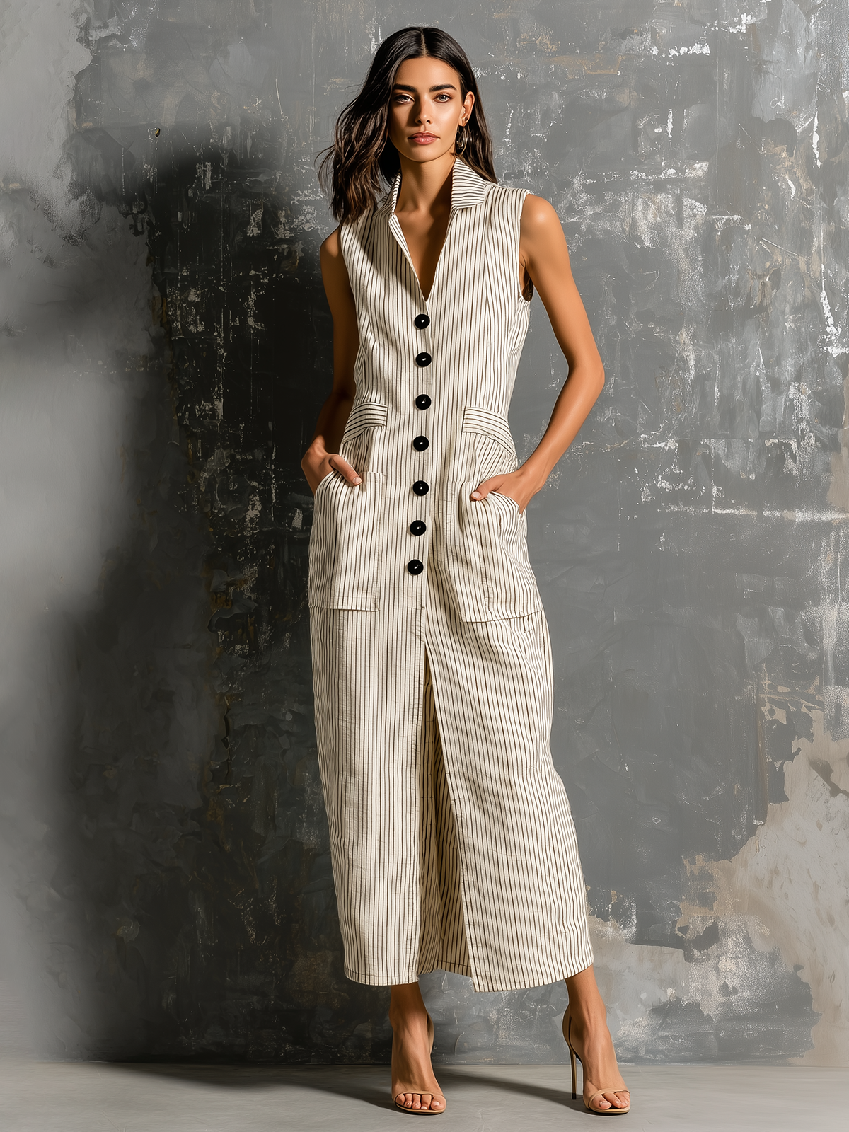 ElevenOra Chic Elegant Beige Pinstripe Lapel-Collar Single-Breasted Sleeveless Patch Pocket Front Slit Cotton-Linen Blend Maxi Dress
